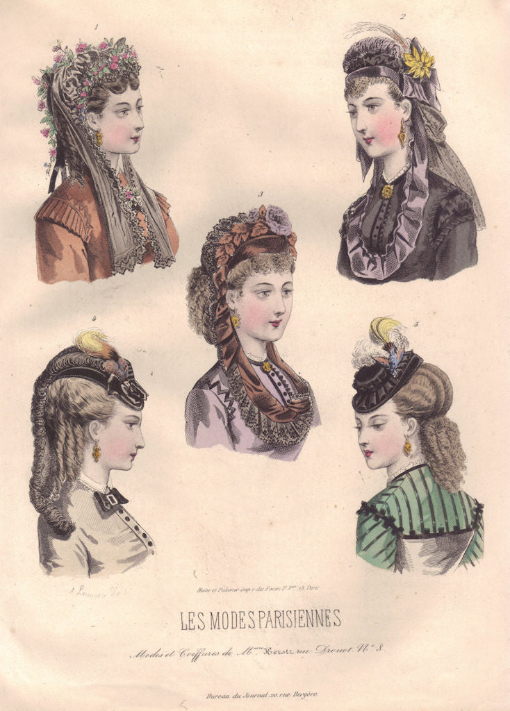 FASHION. Parisian ladies hair arrangements 1869 old antique print picture